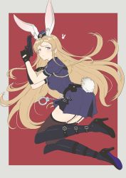 Rule 34 | 1girl, aiguillette, animal ear fluff, animal ears, arms up, asymmetrical gloves, belt, belt pouch, beretta 92, black footwear, black gloves, black necktie, black thighhighs, blonde hair, blue dress, blue hat, boots, border, breasts, commentary request, cuffs, dress, elbow gloves, floating hair, from side, full body, garter straps, gloves, grey border, gun, handcuffs, handgun, hat, high heel boots, high heels, highres, holding, holding gun, holding weapon, idolmaster, idolmaster million live!, idolmaster million live! theater days, knee boots, light blush, long hair, looking at viewer, looking to the side, medium breasts, necktie, outside border, parted bangs, parted lips, pistol, police, police hat, police uniform, policewoman, pouch, rabbit ears, rabbit girl, rabbit tail, razi, red background, shinomiya karen, shoe soles, short dress, short sleeves, sidelocks, solo, star (symbol), tail, thighhighs, thighhighs under boots, uneven gloves, uniform, weapon
