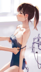Rule 34 | 1girl, 1other, absurdres, arm support, backless swimsuit, bare shoulders, bathroom, bathtub, blue one-piece swimsuit, blush, breasts, brown hair, cleavage, clothes pull, collarbone, ear blush, embarrassed, highres, holding, holding clothes, holding swimsuit, looking away, medium breasts, nape, off shoulder, one-piece swimsuit, one-piece swimsuit pull, original, ponytail, profile, pulling another&#039;s clothes, sideboob, sitting, strap pull, sweatdrop, swimsuit, tomozero, window