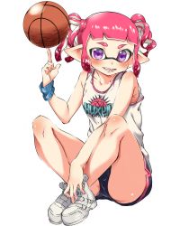 Rule 34 | 1girl, ball, basketball, basketball (object), basketball jersey, black shorts, blunt bangs, clothes writing, commentary, dolphin shorts, fangs, full body, high tops, highres, holding, holding ball, inkling, inkling (language), inkling girl, inkling player character, lace, lace-trimmed panties, lace trim, looking at viewer, mask, motion blur, nintendo, open mouth, panties, panty peek, penguin maru (penginmaru), pink hair, pointy ears, print shirt, purple eyes, shirt, shoes, short hair, short shorts, short twintails, shorts, simple background, sitting, smile, sneakers, solo, splatoon (series), tentacle hair, twintails, underwear, upshorts, white background, white footwear, white shirt, wristband