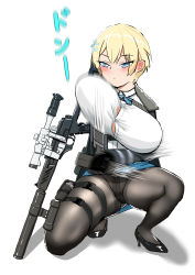 Rule 34 | 1girl, absurdres, black footwear, black gloves, black jacket, black pantyhose, blonde hair, blue eyes, blue ribbon, blue skirt, blush, bouncing breasts, breasts, buckle, button gap, chinese commentary, collared shirt, commentary request, expressionless, full body, fur-trimmed jacket, fur trim, girls&#039; frontline, gloves, gluteal fold, gun, hair between eyes, hair ornament, high heels, highres, holding, holding gun, holding magazine (weapon), holding weapon, inconvenient breasts, jacket, large breasts, long sleeves, magazine (weapon), miniskirt, motion blur, motion lines, neck ribbon, on one knee, open clothes, open jacket, pantyhose, pouch, reloading, ribbon, rifle, shadow, shirt, shirt tucked in, short hair, sidelocks, simple background, skirt, snap-fit buckle, sniper rifle, snowflake hair ornament, solo, sound effects, suppressor, tentako, thigh pouch, thighband pantyhose, unaligned breasts, vsk-94, vsk-94 (girls&#039; frontline), weapon, white background, white shirt