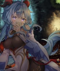 Rule 34 | 1girl, absurdres, ahoge, bare shoulders, blue hair, blush, bodystocking, breasts, covered navel, cowboy shot, detached sleeves, fireworks, flower, ganyu (genshin impact), genshin impact, highres, holding, holding flower, horns, huge filesize, kejirion, long hair, long sleeves, looking at viewer, medium breasts, night, no gloves, outdoors, purple eyes, red ribbon, ribbon, smelling flower, solo, twitter username, very long hair, white flower