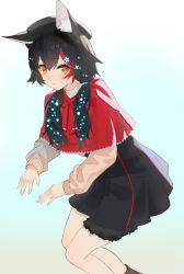 Rule 34 | 1girl, animal ear fluff, animal ears, black hair, black hat, black skirt, blush, capelet, closed mouth, fishofthelakes, hair ornament, hat, highres, hololive, long sleeves, looking at viewer, low twintails, multicolored hair, ookami mio, ookami mio (street), orange eyes, red capelet, red hair, simple background, skirt, solo, star (symbol), star hair ornament, streaked hair, tail, tail around own leg, twintails, virtual youtuber, wolf ears, wolf girl, wolf tail