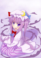 Rule 34 | 1girl, akino sora, alternate hairstyle, angry, blush, embarrassed, female focus, from above, hat, long hair, patchouli knowledge, purple eyes, purple hair, ribbon, sitting, solo, touhou, twintails, wariza, wavy mouth