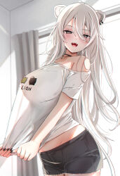 Rule 34 | 1girl, ahoge, animal ears, bare shoulders, black nails, blush, breasts, commentary request, ear piercing, grey eyes, grey hair, hair between eyes, highres, hololive, large breasts, lion ears, lion girl, lion tail, long hair, looking at viewer, midriff, nerorigogo, off shoulder, open mouth, piercing, see-through silhouette, shirt, shishiro botan, shishiro botan (casual), smile, solo, tail, virtual youtuber