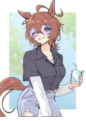 Rule 34 | 1girl, agnes tachyon (umamusume), ahoge, alternate costume, animal ears, belt, black shirt, blue sky, border, breasts, brown eyes, brown hair, collared shirt, commentary request, cropped legs, denim, drink, ear tag, holding, holding drink, horse ears, horse girl, horse tail, jeans, large breasts, long sleeves, looking at viewer, ohagi 0909, one eye closed, outdoors, pants, purple-tinted eyewear, shirt, short hair, sky, smile, solo, sunglasses, tail, tinted eyewear, torn clothes, tree, umamusume, underwear, white shirt