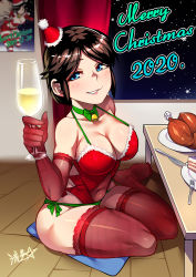 Rule 34 | black hair, breasts, cake, christmas, cleavage, cup, drinking glass, elbow gloves, english text, food, gloves, hat, highres, lingerie, neck bell, party hat, plate, poster (object), ryuusei (mark ii), santa hat, short hair, solo, thighhighs, underwear, wine glass