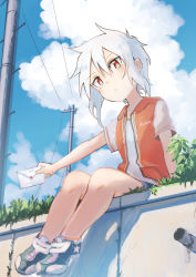 Rule 34 | 1girl, child, cloud, converse, day, denim, denim shorts, drawstring, from below, grass, highres, holding, hood, hood down, hoodie, inami hatoko, letter, looking at viewer, looking down, open clothes, open hoodie, open mouth, original, outstretched arm, power lines, red eyes, short hair, shorts, sitting, sky, solo, utility pole, velcro, velcro footwear, white hair