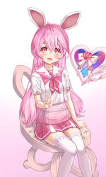 Rule 34 | 1girl, absurdres, animal ears, blush, bow, buttons, chair, commentary request, commission, double-breasted, elsword, feet out of frame, gradient background, hair between eyes, happycloud, heart, highres, laby (elsword), long hair, looking at viewer, open mouth, pink background, pink hair, pink shirt, pink skirt, pleated skirt, rabbit ears, sailor collar, shirt, short sleeves, sitting, skirt, smile, solo, thighhighs, two-tone shirt, v, very long hair, white background, white shirt, white thighhighs, zettai ryouiki