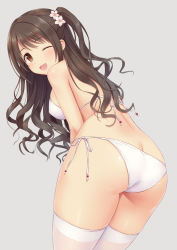Rule 34 | 1girl, ;d, ass, bikini, blush, breasts, brown eyes, brown hair, butt crack, covered erect nipples, cowboy shot, flower, from behind, grey background, hair flower, hair ornament, highres, idolmaster, idolmaster cinderella girls, leaning forward, legs together, long hair, looking at viewer, looking back, medium breasts, n.g., one eye closed, one side up, open mouth, shimamura uzuki, side-tie bikini bottom, sidelocks, simple background, smile, solo, standing, swimsuit, tareme, thighhighs, thighs, wavy hair, white bikini, white flower, white thighhighs