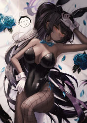 Rule 34 | 1girl, absurdres, animal ears, arm up, armpits, bare arms, bare shoulders, black hair, black hairband, black leotard, blue archive, blue flower, bow, bowtie, breasts, cleavage, closed mouth, commentary, covered navel, dark-skinned female, dark skin, detached collar, fake animal ears, fishnet pantyhose, fishnets, flower, frown, gloves, hairband, halo, highleg, highleg leotard, highres, karin (blue archive), karin (bunny) (blue archive), large breasts, leotard, long hair, looking at viewer, lying, official alternate costume, on back, orange eyes, pantyhose, petals, playboy bunny, ponytail, rabbit ears, rose, shoulder tattoo, side-tie leotard, solo, starlip, strapless, strapless leotard, sweat, tattoo, thighs, very long hair, white gloves, wrist cuffs