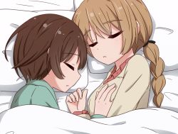 Rule 34 | 2girls, bed, blush, braid, braided ponytail, breasts, brown hair, closed eyes, hand on another&#039;s chest, highres, large breasts, lynette bishop, miruzawa akechi, miyafuji yoshika, multiple girls, on bed, open mouth, ponytail, sleeping, strike witches, world witches series, yuri