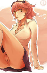 Rule 34 | 00s, 1girl, aviator goggles, breasts, cleavage, cleft of venus, flcl, goggles, goggles on head, haruhara haruko, large breasts, lips, looking at viewer, no panties, pink hair, puckered lips, purple skirt, pussy, pussy juice, saltyicecream, shirt, short hair, simple background, sitting, skirt, socks, solo, uncensored, upskirt, white shirt, yellow eyes