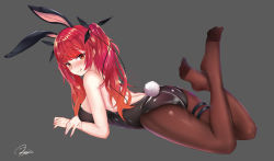 Rule 34 | 1girl, absurdres, animal ears, azur lane, black pantyhose, black ribbon, closed mouth, commentary request, fake animal ears, feet, fingernails, full body, grey background, hair ribbon, highres, honolulu (azur lane), leotard, long hair, looking at viewer, looking to the side, lying, no shoes, on stomach, pantyhose, playboy bunny, rabbit ears, rabbit tail, red eyes, red hair, ribbon, signature, simple background, smile, solo, strapless, strapless leotard, tail, thigh strap, toes, tongue, tongue out, twintails, xiao dao jun