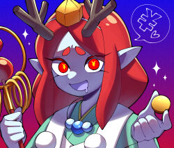 Rule 34 | antlers, character request, colored skin, drooling, gradient background, hat, heart, highres, holding, horns, looking at viewer, open mouth, pipiko., pointy ears, purple skin, red eyes, red hair, solo, speech bubble, tengu, tokin hat, yen sign, youkai watch