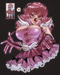 Rule 34 | 1girl, ace attorney, alternate breast size, breasts, cleavage, clown, clown nose, cowboy shot, dress, geiru toneido, gloves, grin, highres, large breasts, pink dress, pink gloves, rainbow, rainbow print, sarahp draws, shoulder pads, skirt, smile, solo, suspender skirt, suspenders, suspenders pull, wide-eyed