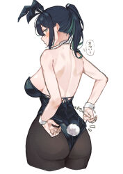 Rule 34 | 1girl, absurdres, animal ears, ass, back, bare shoulders, black hair, black pantyhose, blush, breasts, detached collar, fake animal ears, fake tail, green hair, highres, large breasts, leotard, long hair, looking at viewer, midorino (green-happy), multicolored hair, original, pantyhose, playboy bunny, ponytail, rabbit ears, rabbit tail, sideboob, simple background, solo, sweat, tail, two-tone hair, white background, wrist cuffs