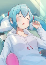 Rule 34 | 1girl, = =, aqua hair, aqua nails, breasts, commentary request, controller, d:, double-parted bangs, drooling, furrowed brow, game controller, hairband, hatsune miku, highres, hood, hoodie, hugging object, indoors, light blush, lying, medium hair, mouth drool, on back, open mouth, pillow, pillow hug, red hairband, sleeping, small breasts, solo, twintails, upper body, vocaloid, white hoodie, yasuno-labo, zzz