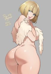 Rule 34 | 1girl, 2021, agawa ryou, blonde hair, blue eyes, breasts, commentary, dated, feathers, grey background, large breasts, looking at viewer, nude, original, short hair, simple background, smile, solo, thick thighs, thighs