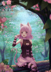 Rule 34 | 1girl, animal ears, arm warmers, cat ears, cat tail, highres, nail polish, original, pink eyes, pink hair, short hair, solo, sonikey0 0, striped clothes, striped thighhighs, tail, thighhighs