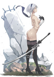 Rule 34 | 1girl, ass, black gloves, black hairband, boots, closed mouth, closed eyes, gloves, hairband, high heel boots, high heels, looking up, nier (series), nier:automata, nipples, no blindfold, nude, short hair, silver hair, solo, standing, sword, sydus, thigh boots, thighhighs, thighhighs under boots, weapon, 2b (nier:automata)