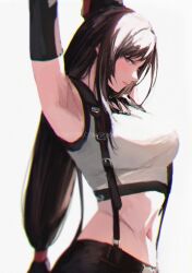 Rule 34 | 1girl, armpits, arms up, bare shoulders, black gloves, black hair, black skirt, black sports bra, breasts, closed mouth, commentary, crop top, elbow gloves, final fantasy, final fantasy vii, final fantasy vii rebirth, final fantasy vii remake, flexible, from side, gloves, highres, jewelry, large breasts, long hair, looking at viewer, low-tied long hair, midriff, navel, red eyes, skirt, solo, sports bra, spykeee, square enix, stretching, suspender skirt, suspenders, tank top, tifa lockhart, twitter username, upper body, very long hair, white tank top