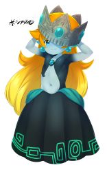 Rule 34 | 1girl, absurdres, armpits, arms up, artist name, black dress, blue eyes, born-to-die, colored sclera, crown, dress, earrings, fang, female focus, full body, fusion, highres, jewelry, long hair, looking at viewer, mario (series), midna, navel, nintendo, orange hair, pointy ears, princess peach, signature, smile, solo, super mario bros. 1, teeth, text focus, the legend of zelda, the legend of zelda: twilight princess, topless, translated, transparent background, watermark, yellow sclera