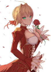 Rule 34 | 10s, ahoge, blonde hair, blush, braid, breasts, closed mouth, commentary request, dress, fate/extra, fate/grand order, fate (series), fingernails, flower, from side, green eyes, hair bun, hair intakes, hair ribbon, hand up, highres, holding, holding flower, juliet sleeves, large breasts, long sleeves, looking at viewer, looking to the side, nero claudius (fate), nero claudius (fate) (all), nero claudius (fate/extra), petals, puffy sleeves, rafael-m, red dress, red flower, red ribbon, red rose, ribbon, rose, single hair bun, solo, standing, upper body, white background, wide sleeves