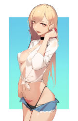 Rule 34 | 1girl, :d, black choker, black panties, blonde hair, blouse, blue background, blue shorts, border, breasts, choker, cleavage, cowboy shot, cutoffs, ear piercing, eyyy, gradient background, hand up, highres, holding, kitagawa marin, long hair, long sleeves, looking at viewer, medium breasts, navel, no bra, open clothes, open fly, open mouth, open shirt, open shorts, orange eyes, outside border, panties, piercing, pubic tattoo, shirt, shorts, skindentation, smile, solo, sono bisque doll wa koi wo suru, stomach, swept bangs, tattoo, thong, tied shirt, underwear, very long hair, white border, white shirt