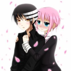 Rule 34 | 00s, androgynous, black dress, black hair, black shirt, blue eyes, blush, cherry blossoms, crona (soul eater), cuff links, death the kid, dress, gender request, high collar, holding, melloskitten, multicolored hair, petals, pink hair, shirt, short hair, simple background, smile, soul eater, two-tone hair, white background, white hair, yellow eyes
