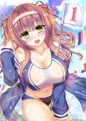 Rule 34 | 1girl, :d, ahoge, bare shoulders, blue jacket, blush, breasts, buruma, cloud, cloudy sky, commentary request, confetti, crop top, flag, hair between eyes, hair ribbon, hairband, highres, holding, holding flag, jacket, large breasts, leaning forward, light brown hair, long hair, looking at viewer, open clothes, open jacket, open mouth, original, pole, ribbon, sasaki yukimasa, sidelocks, sky, smile, solo, sweat, thighs, tree, two side up, yellow eyes
