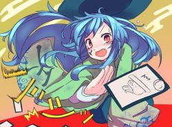 Rule 34 | 1girl, alternate costume, blue hair, commentary request, facial mark, furisode, furorina, hat, hinanawi tenshi, iroha karuta, japanese clothes, karuta (card game), kimono, long hair, open mouth, red eyes, sidelocks, solo, touhou, v-shaped eyebrows, wide sleeves