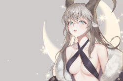Rule 34 | 1girl, animal ears, bare shoulders, blush, breasts, collarbone, commentary request, crescent, criss-cross halter, goat ears, goat horns, grey background, grey eyes, hair between eyes, halterneck, highres, horns, kyuri (suika), long hair, looking at viewer, medium breasts, original, parted lips, sidelocks, signature, silver hair, simple background, solo, upper body