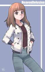 Rule 34 | 1girl, :&lt;, artist name, blue background, blue pants, breasts, brown eyes, brown hair, brown shirt, closed mouth, collarbone, commentary, copyright name, cowboy shot, denim, expressionless, hands in pockets, highres, jacket, jeans, kikumaru bunta, kiruko (tengoku daimakyou), long sleeves, looking at viewer, medium breasts, medium hair, midriff peek, open clothes, open fly, open jacket, pants, popped collar, quilted jacket, scar, scar on face, shirt, signature, solo, standing, tengoku daimakyou, thick eyebrows, translated, unzipped, white jacket