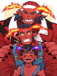 Rule 34 | 3boys, :d, ^ ^, age progression, astar (live a hero), bara, blush, child, closed eyes, colored skin, demon boy, fiery horns, forked eyebrows, grin, hands on another&#039;s shoulders, happy, highres, horns, huge eyebrows, kimi6666, large hands, large pectorals, live a hero, male focus, mature male, monster boy, multiple boys, muscular, muscular male, mutton chops, ogre, open mouth, pectorals, pointy ears, red skin, smile, square head, streaked beard, tusks, upper body
