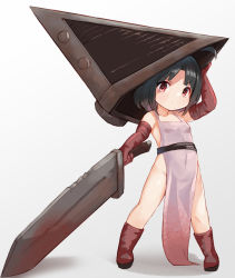 Rule 34 | 1girl, absurdres, ahoge, apron, bare legs, bare shoulders, black hair, blood, boots, breasts, brown footwear, collarbone, commentary request, elbow gloves, gloves, gradient background, grey background, helmet, highres, holding, holding sword, holding weapon, kobi (piliheros2000), looking at viewer, medium hair, naked apron, parted bangs, pyramid head, red eyes, revealing clothes, silent hill, silent hill (movie), silent hill (series), silent hill 2, simple background, small breasts, solo, sword, v-shaped eyebrows, weapon, white apron, white background