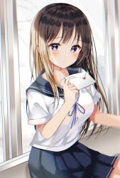 Rule 34 | 1girl, absurdres, arm up, bad id, bad pixiv id, blue eyes, blue ribbon, blue sailor collar, blue skirt, blurry, blurry background, blush, brown hair, commentary request, curtains, envelope, expressionless, highres, holding, holding envelope, letter, long hair, looking at viewer, love letter, original, pleated skirt, ribbon, sailor collar, school uniform, serafuku, shiori (shiori 2 14), short sleeves, sitting, skirt, solo, uniform, very long hair, window