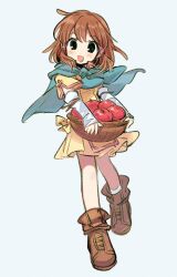 Rule 34 | 1girl, :d, apple, aqua cloak, arm warmers, basket, black eyes, boots, brown footwear, brown hair, commentary request, dress, fire emblem, fire emblem: path of radiance, food, fruit, full body, highres, holding, holding basket, light blush, looking at viewer, medium hair, miino25, mist (fire emblem), open mouth, simple background, smile, solo, white background, yellow dress