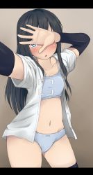 Rule 34 | 1girl, arm warmers, asashio (kancolle), black hair, black thighhighs, blue eyes, blush, bra, breasts, grey bra, grey panties, groin, hand over face, highres, kantai collection, letterboxed, long hair, navel, panties, reaching, reaching towards viewer, selfie, skindentation, small breasts, solo, tan background, thighhighs, thighs, underwear, wasumi kei