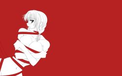Rule 34 | 1girl, blush, breast hold, breasts, large breasts, lineart, monochrome, naked ribbon, nude, open mouth, red background, red theme, ribbon, solo, wallpaper