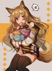 Rule 34 | 1girl, animal ears, arknights, bare shoulders, black thighhighs, brown hair, ceobe (arknights), chinese commentary, commentary request, diamond (shape), dog ears, dog girl, dog tail, feet out of frame, food, food in mouth, grey background, highres, holding, holding food, jacket, long hair, long sleeves, nitrogen owo, red eyes, solo, spoken squiggle, squiggle, tail, thighhighs, two-tone background, yellow background