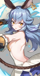 Rule 34 | 1girl, absurdres, animal ears, armpit crease, armpits, arms up, back, backless outfit, bare back, black gloves, blue hair, blush, breasts, breath, dress, earrings, erune, ferry (granblue fantasy), frilled gloves, frills, from side, gloves, granblue fantasy, grey hair, hair between eyes, highres, holding, holding weapon, jewelry, long hair, medium breasts, no bra, serin199, short dress, sideboob, simple background, single earring, sleeveless, sleeveless dress, solo, turtleneck, turtleneck dress, upper body, weapon, whip, yellow eyes