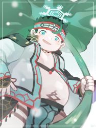 Rule 34 | 1boy, ainu clothes, belly, blue eyes, blush, commentary request, cowboy shot, framed, gakuran, green hair, grey background, hair strand, highres, holding, holding leaf, jewelry, korpokkur (housamo), leaf, looking at viewer, male focus, navel, necklace, open mouth, oversized object, pelvic curtain, plump, school uniform, short hair, sideburns, simple background, smile, snowflakes, solo, tattoo, tokyo houkago summoners, watatuki