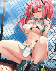 Rule 34 | 1girl, azur lane, bare shoulders, bikini, bikini top only, black bikini, black panties, bow, breasts, bremerton (azur lane), bremerton (scorching-hot training) (azur lane), chain-link fence, crop top, crop top overhang, cyicheng, day, fence, full body, grey hair, hair between eyes, hair bow, hair ornament, hairclip, heart, heart necklace, jewelry, large breasts, lifting own clothes, long hair, looking at viewer, mole, mole on breast, mole under eye, multicolored hair, navel, necklace, open mouth, outdoors, panties, pink hair, sportswear, squatting, streaked hair, sweat, swimsuit, tennis, tennis uniform, twintails, two-tone hair, two-tone shirt, two-tone skirt, underboob, underwear, x hair ornament