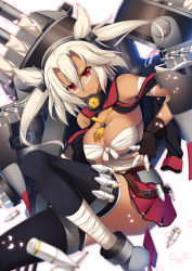 Rule 34 | 10s, 1girl, blonde hair, breasts, budget sarashi, dark skin, dark-skinned female, fingerless gloves, glasses, gloves, hairband, kantai collection, large breasts, long hair, looking at viewer, machinery, miniskirt, musashi (kancolle), personification, pointy hair, raiou, red eyes, sarashi, skirt, solo, thighhighs, turret