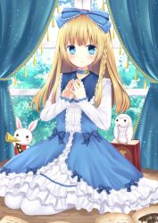 Rule 34 | 1girl, artist request, blonde hair, blue bow, blue choker, blue dress, blue eyes, blush, book, bow, choker, copyright request, curtains, day, dress, fingers together, frilled dress, frills, hair bow, heart, heart-shaped pupils, indoors, lolita fashion, long hair, long sleeves, looking at viewer, official art, open book, pantyhose, rabbit, seiza, sitting, smile, solo, stuffed animal, stuffed owl, stuffed toy, symbol-shaped pupils, tree