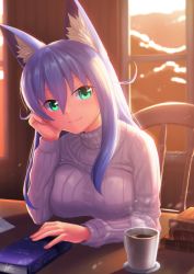 Rule 34 | 1girl, animal ear fluff, animal ears, blue hair, book, book stack, breast press, breasts, chair, coffee, coffee cup, cup, disposable cup, evening, fox ears, green eyes, hair between eyes, head rest, head tilt, highres, indoors, kyu (wein-seria), large breasts, long hair, long sleeves, looking at viewer, original, ribbed sweater, smile, solo, sweater, table, turtleneck, turtleneck sweater, white sweater, window