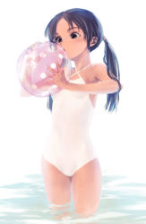 Rule 34 | ball, bath, beachball, black eyes, blue hair, brown hair, casual one-piece swimsuit, glasses, kawata hisashi, one-piece swimsuit, ripples, solo, swimsuit, twintails, wading, water, white one-piece swimsuit