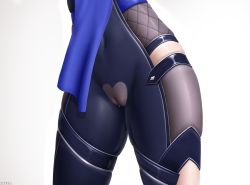 Rule 34 | 1girl, blue bodysuit, bodysuit, cameltoe, cleft of venus, close-up, clothing cutout, commentary request, covered navel, crotch, dripping, female focus, genshin impact, highres, hip focus, hip vent, impossible clothes, lower body, pantyhose, pussy juice, pussy juice drip through clothes, simple background, skindentation, solo, tassel, thigh cutout, thighs, white background, yelan (genshin impact), z282g