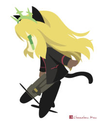 Rule 34 | 1girl, animal ears, artist name, bad id, bad pixiv id, blonde hair, brown gloves, cat ears, cat tail, chameleon man (three), chibi, flat color, flying, gloves, green eyes, heinrike prinzessin zu sayn-wittgenstein, hirschgeweih antennas, long hair, long sleeves, military, military uniform, no lineart, profile, simple background, solo, strike witches, tail, uniform, white background, world witches series