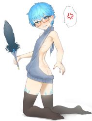 Rule 34 | 10s, 1boy, anger vein, ass, backless outfit, bare back, black thighhighs, blue eyes, blue hair, blush, butt crack, fate/extra, fate/extra ccc, fate/grand order, fate (series), from behind, full body, glasses, halterneck, hans christian andersen (fate), looking back, male focus, meme attire, mitsukuni, simple background, solo, spoken anger vein, sweatdrop, sweater, thighhighs, virgin killer sweater, white background